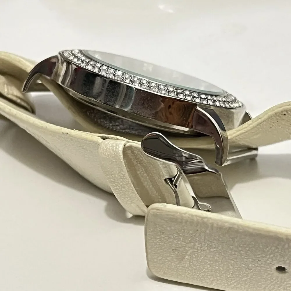 ALDO‎ AL795 Beautiful White Faux Leather Rhinestone Silver Bezel Watch